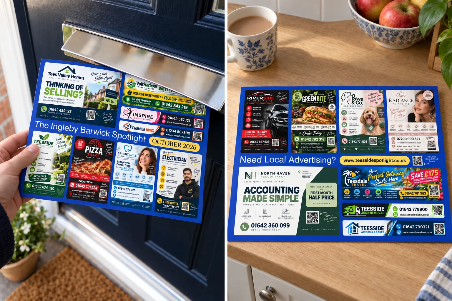 Side-by-side illustrative scenes: the new Ingleby Barwick mailer at a letterbox and on a kitchen counter